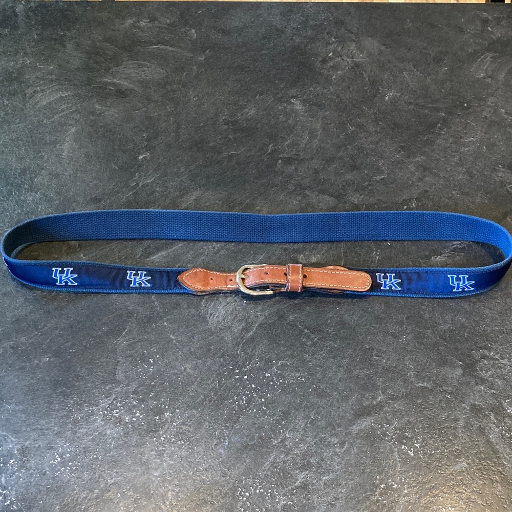 Mens UK Kentucky blue belt with brown leather accents solid brass buckle size 44